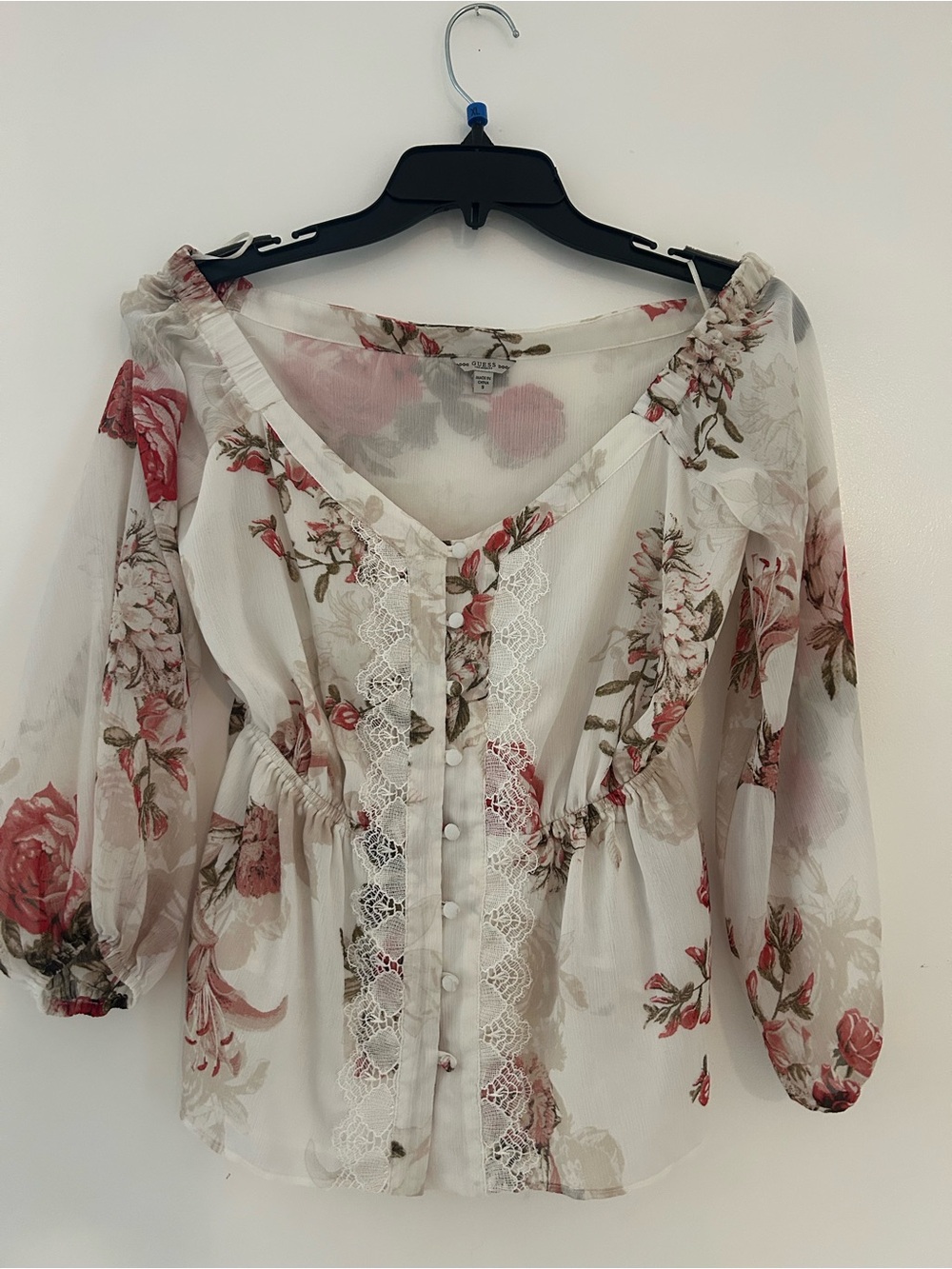 Guess White Sheer Floral Blouson Top with Pink Roses